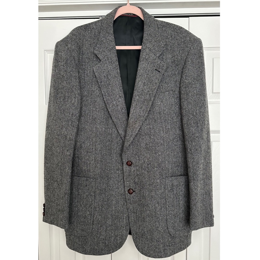 Yorkshire Hill Men's Herringbone Tweed Wool Blazer Jacket Classic Fit Grey 42L